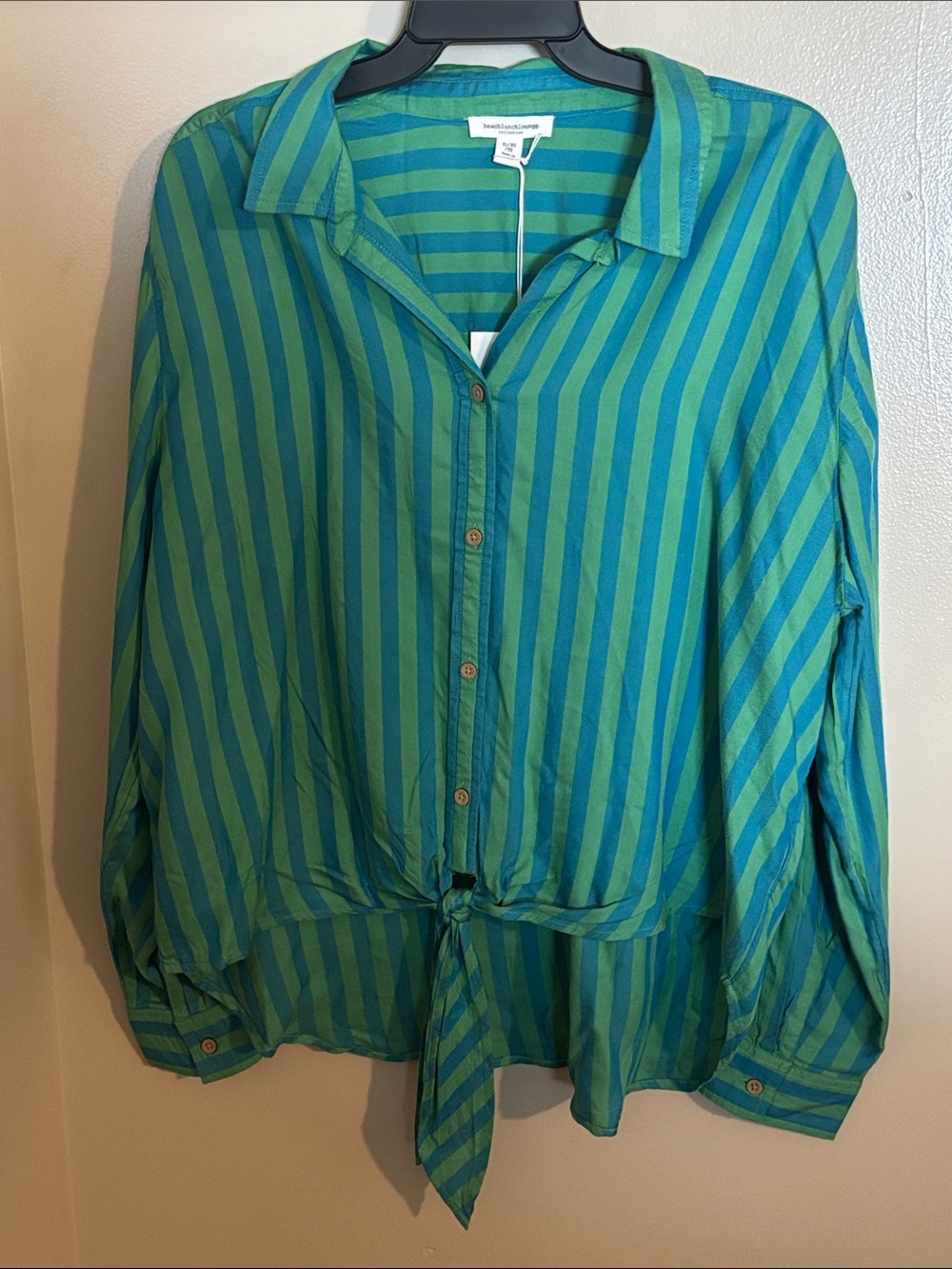 beachlunchlounge Striped Tie-Front Hi-Low Button front Blouse in Green and Teal